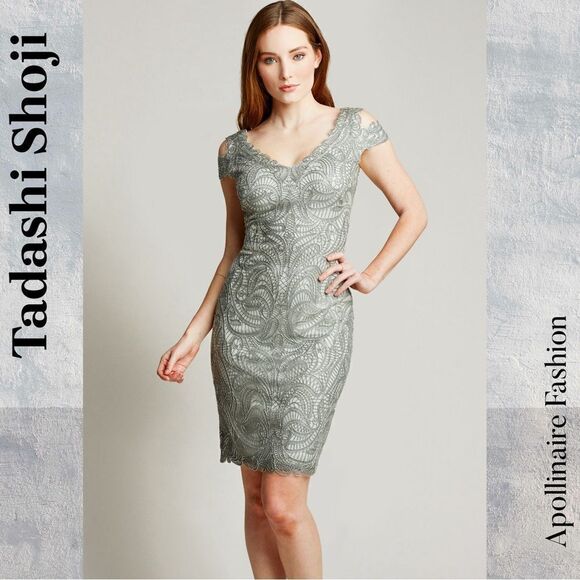 TADASHI SHOJI FORD CUTOUT DRESS IN ASH GREY  METALLIC SIZE 16 NWT - Picture 3 of 9